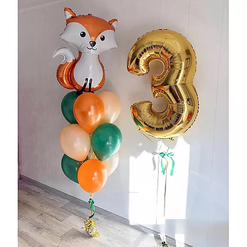 Композиция из 9 латексных шаров с фольгированной фигурой лисы и цифрой на выбор